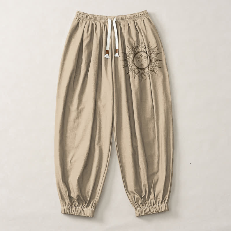 Buddha Stones Pure Cotton Sun Face Pattern Drawstring Men's Harem Pants With Pockets - image 1