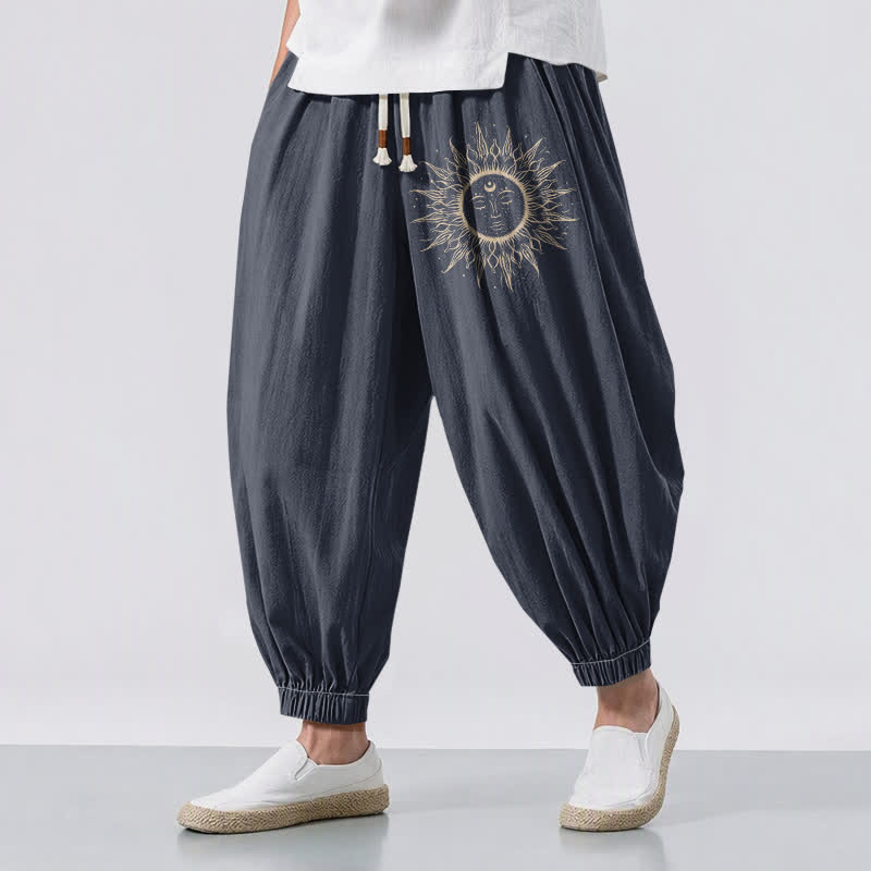 Buddha Stones Pure Cotton Sun Face Pattern Drawstring Men's Harem Pants With Pockets - SlateGray - US/UK/AU50，EU60 (5XL) - image 6