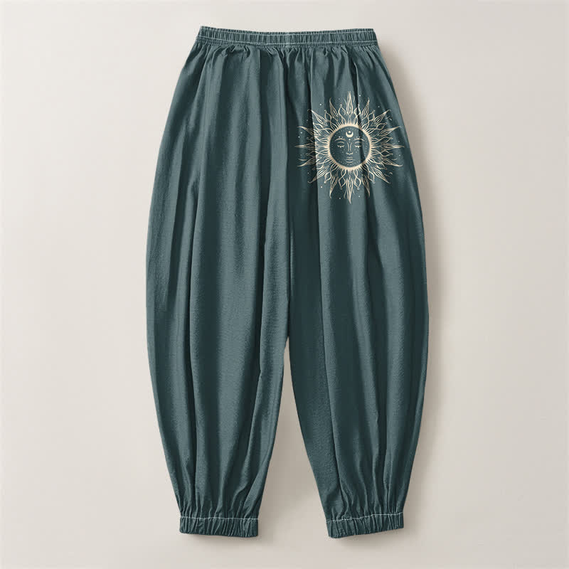Buddha Stones Pure Cotton Sun Face Pattern Drawstring Men's Harem Pants With Pockets - image 14