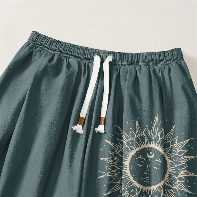 Buddha Stones Pure Cotton Sun Face Pattern Drawstring Men's Harem Pants With Pockets - image 15