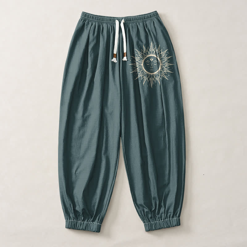 Buddha Stones Pure Cotton Sun Face Pattern Drawstring Men's Harem Pants With Pockets - image 13