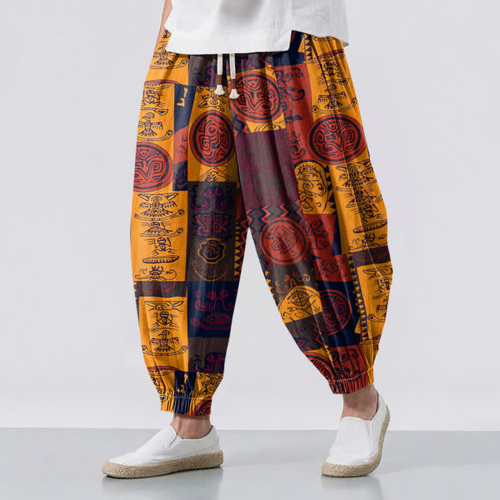 Buddha Stones Pure Cotton Tribal Medallion Patchwork Pattern Drawstring Men's Harem Pants With Pockets - Goldenrod - US/UK/AU50，EU60 (5XL) - image 0