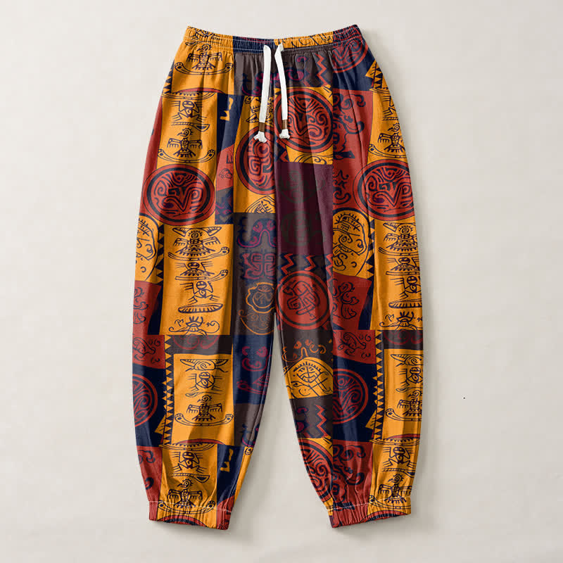 Buddha Stones Pure Cotton Tribal Medallion Patchwork Pattern Drawstring Men's Harem Pants With Pockets - image 1