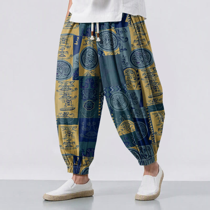 Buddha Stones Pure Cotton Tribal Medallion Patchwork Pattern Drawstring Men's Harem Pants With Pockets - SteelBlue - US/UK/AU50，EU60 (5XL) - image 6