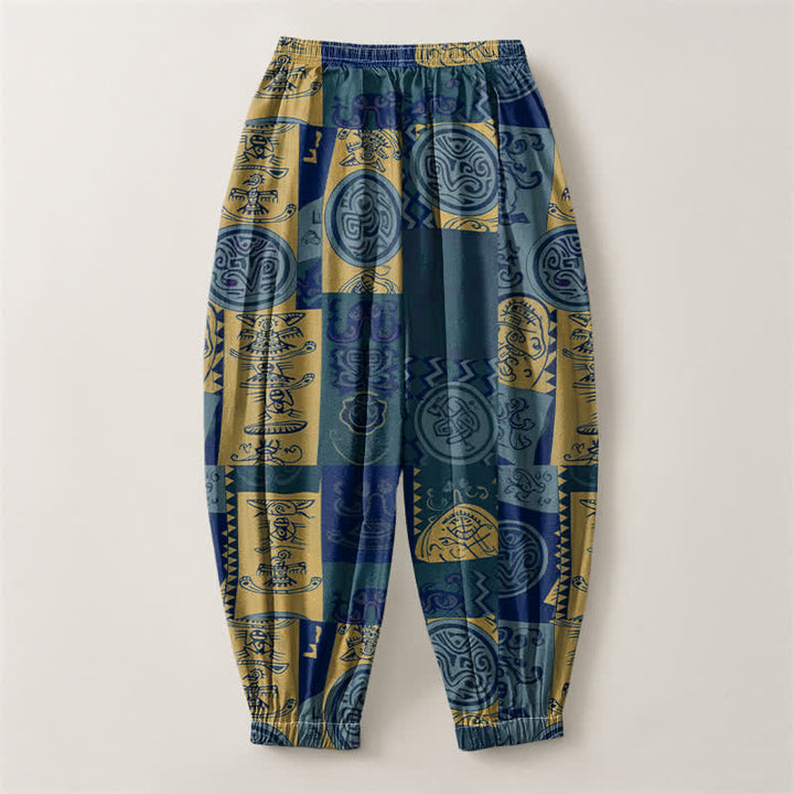 Buddha Stones Pure Cotton Tribal Medallion Patchwork Pattern Drawstring Men's Harem Pants With Pockets - image 8