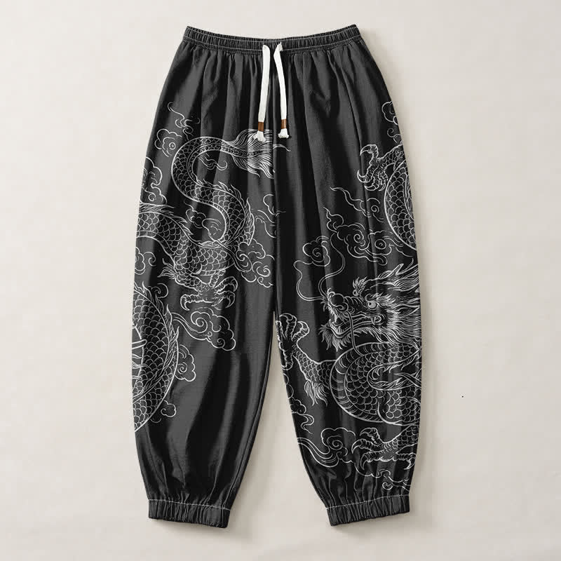 Buddha Stones Pure Cotton Dragon Cloud Pattern Drawstring Men's Harem Pants With Pockets - image 1