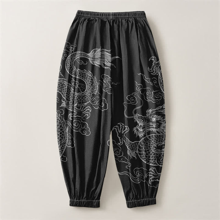 Buddha Stones Pure Cotton Dragon Cloud Pattern Drawstring Men's Harem Pants With Pockets - image 2