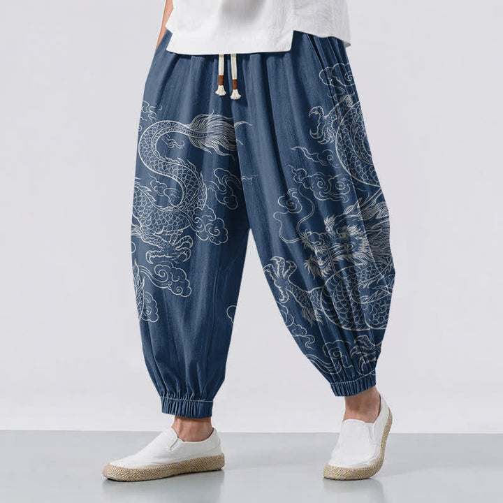 Buddha Stones Pure Cotton Dragon Cloud Pattern Drawstring Men's Harem Pants With Pockets - SteelBlue - US/UK/AU50，EU60 (5XL) - image 6