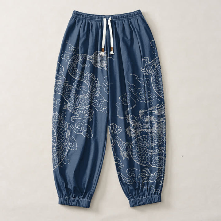 Buddha Stones Pure Cotton Dragon Cloud Pattern Drawstring Men's Harem Pants With Pockets - image 7