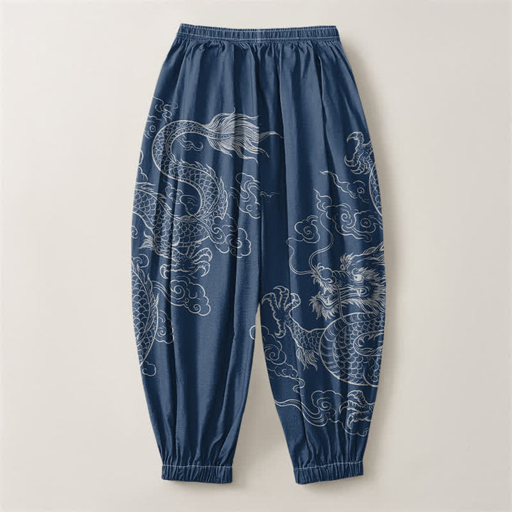 Buddha Stones Pure Cotton Dragon Cloud Pattern Drawstring Men's Harem Pants With Pockets - image 8