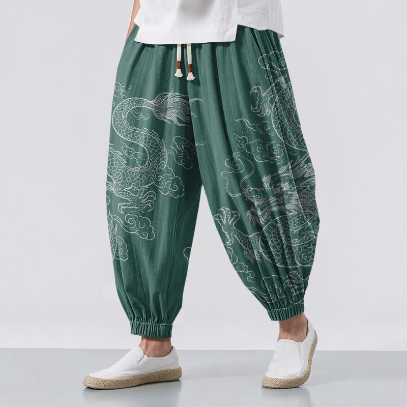 Buddha Stones Pure Cotton Dragon Cloud Pattern Drawstring Men's Harem Pants With Pockets - SeaGreen - US/UK/AU50，EU60 (5XL) - image 12
