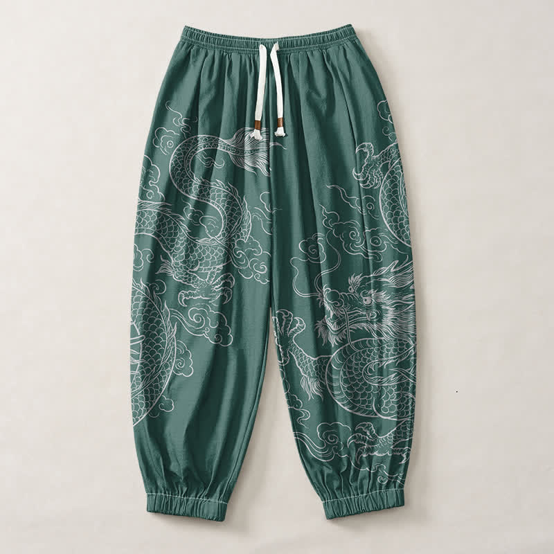 Buddha Stones Pure Cotton Dragon Cloud Pattern Drawstring Men's Harem Pants With Pockets - image 13