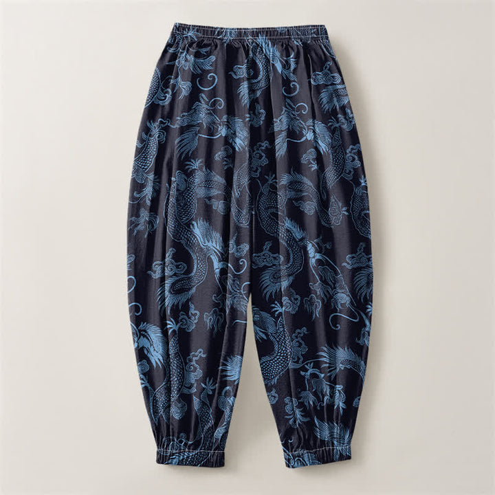 Buddha Stones Pure Cotton Mythic Dragon Auspicious Clouds Pattern Drawstring Men's Harem Pants With Pockets - image 8