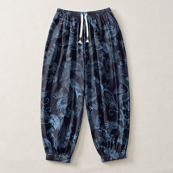 Buddha Stones Pure Cotton Mythic Dragon Auspicious Clouds Pattern Drawstring Men's Harem Pants With Pockets - image 7