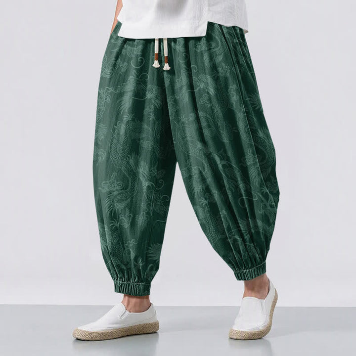 Buddha Stones Pure Cotton Mythic Dragon Auspicious Clouds Pattern Drawstring Men's Harem Pants With Pockets - ForestGreen - US/UK/AU50，EU60 (5XL) - image 12