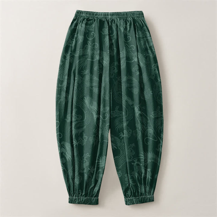 Buddha Stones Pure Cotton Mythic Dragon Auspicious Clouds Pattern Drawstring Men's Harem Pants With Pockets - image 14