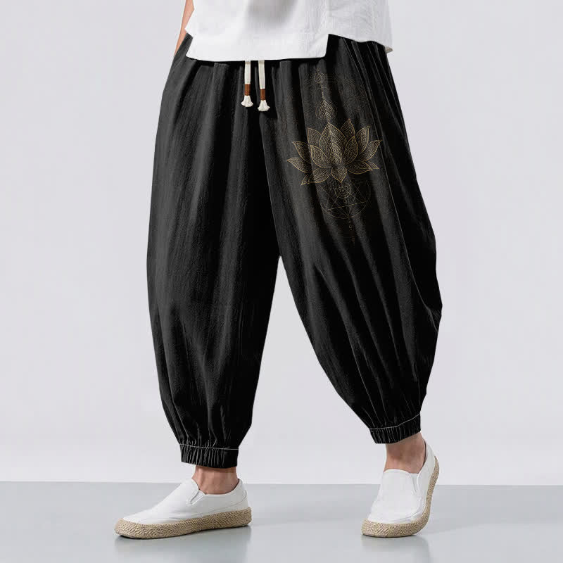 Buddha Stones Pure Cotton Golden Lotus Mandala Geometry Pattern Drawstring Men's Harem Pants With Pockets - Black - US/UK/AU50，EU60 (5XL) - image 0
