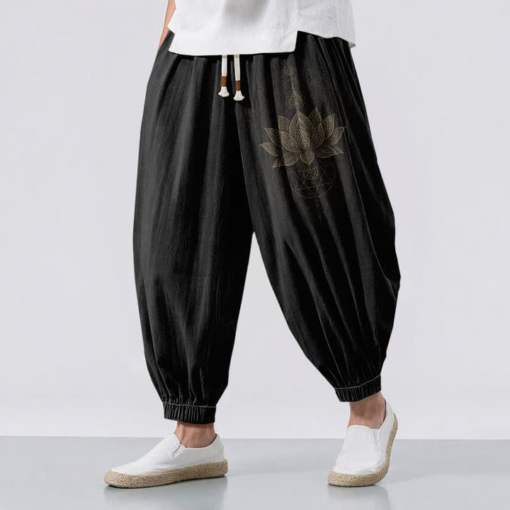 Buddha Stones Pure Cotton Golden Lotus Mandala Geometry Pattern Drawstring Men's Harem Pants With Pockets - Black - US/UK/AU50，EU60 (5XL) - image 0