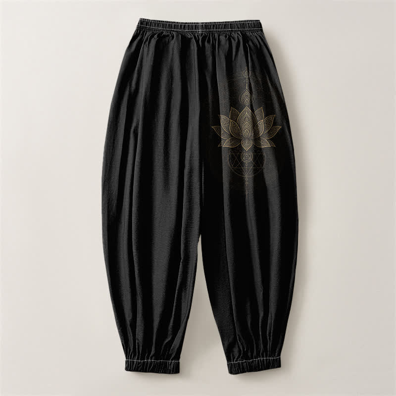 Buddha Stones Pure Cotton Golden Lotus Mandala Geometry Pattern Drawstring Men's Harem Pants With Pockets - image 2