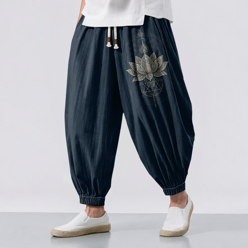 Buddha Stones Pure Cotton Golden Lotus Mandala Geometry Pattern Drawstring Men's Harem Pants With Pockets - Navy - US/UK/AU50，EU60 (5XL) - image 6