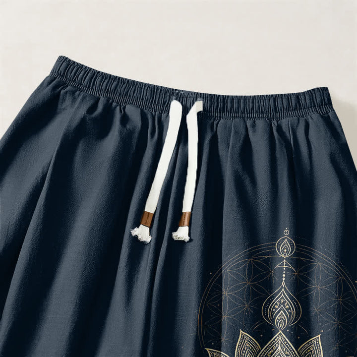 Buddha Stones Pure Cotton Golden Lotus Mandala Geometry Pattern Drawstring Men's Harem Pants With Pockets - image 9