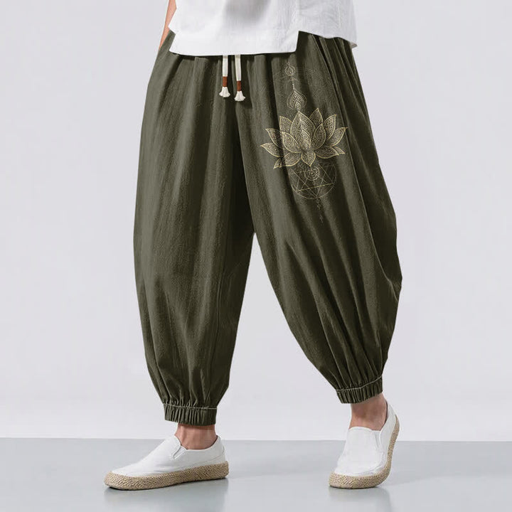 Buddha Stones Pure Cotton Golden Lotus Mandala Geometry Pattern Drawstring Men's Harem Pants With Pockets - DarkOliveGreen - US/UK/AU50，EU60 (5XL) - image 12