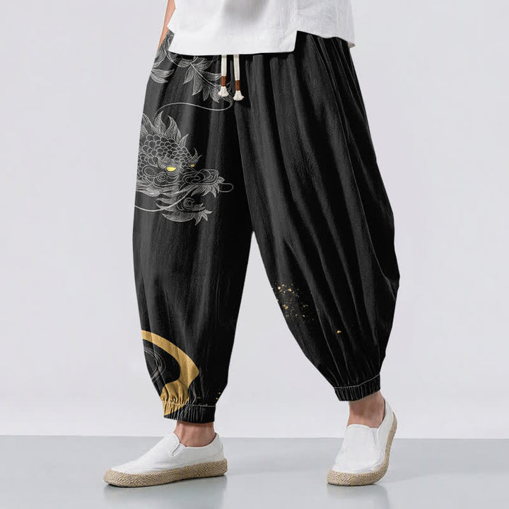 Buddha Stones Pure Cotton Eastern Dragon Pattern Drawstring Men's Harem Pants With Pockets - Black - US/UK/AU50，EU60 (5XL) - image 0