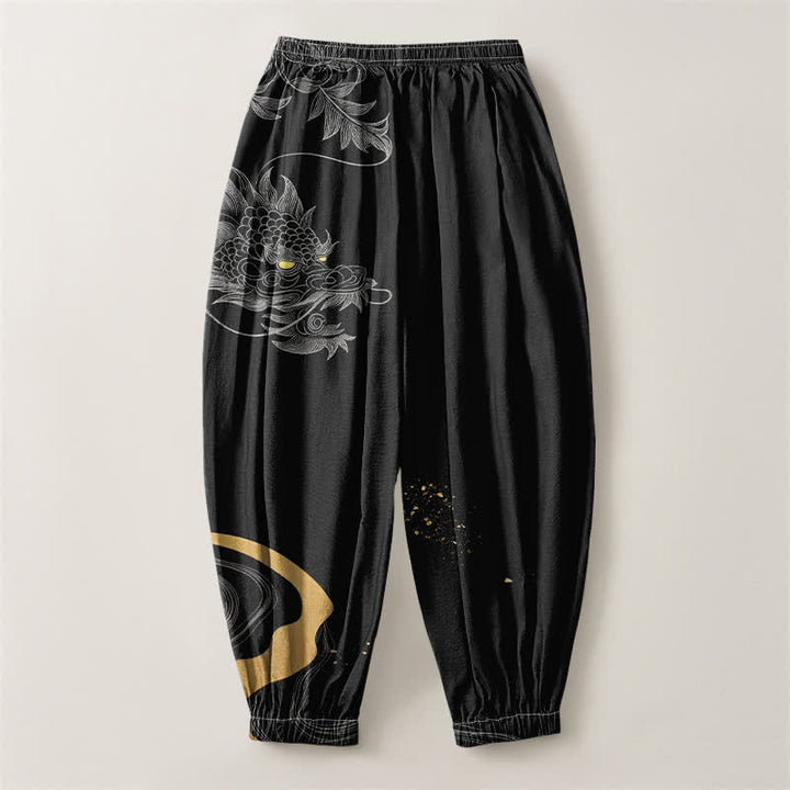 Buddha Stones Pure Cotton Eastern Dragon Pattern Drawstring Men's Harem Pants With Pockets - image 2