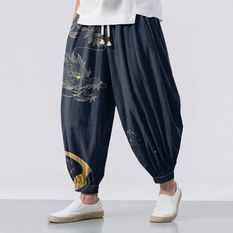 Buddha Stones Pure Cotton Eastern Dragon Pattern Drawstring Men's Harem Pants With Pockets - Navy - US/UK/AU50，EU60 (5XL) - image 6