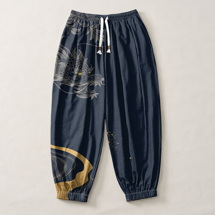 Buddha Stones Pure Cotton Eastern Dragon Pattern Drawstring Men's Harem Pants With Pockets - image 7