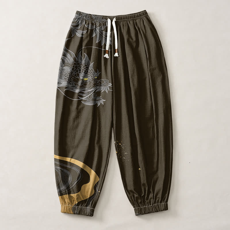 Buddha Stones Pure Cotton Eastern Dragon Pattern Drawstring Men's Harem Pants With Pockets - image 13