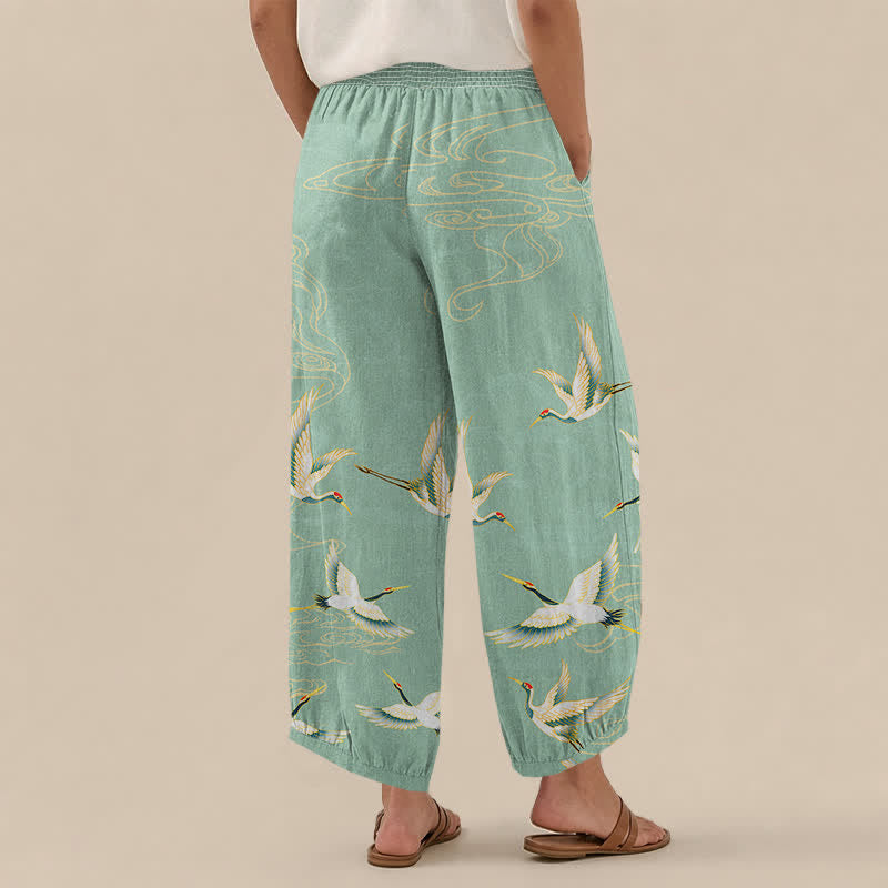 Buddha Stones Cotton Oriental Crane Cloud Pattern Pleated Elastic Waist Women's Harem Pants With Pockets - image 2