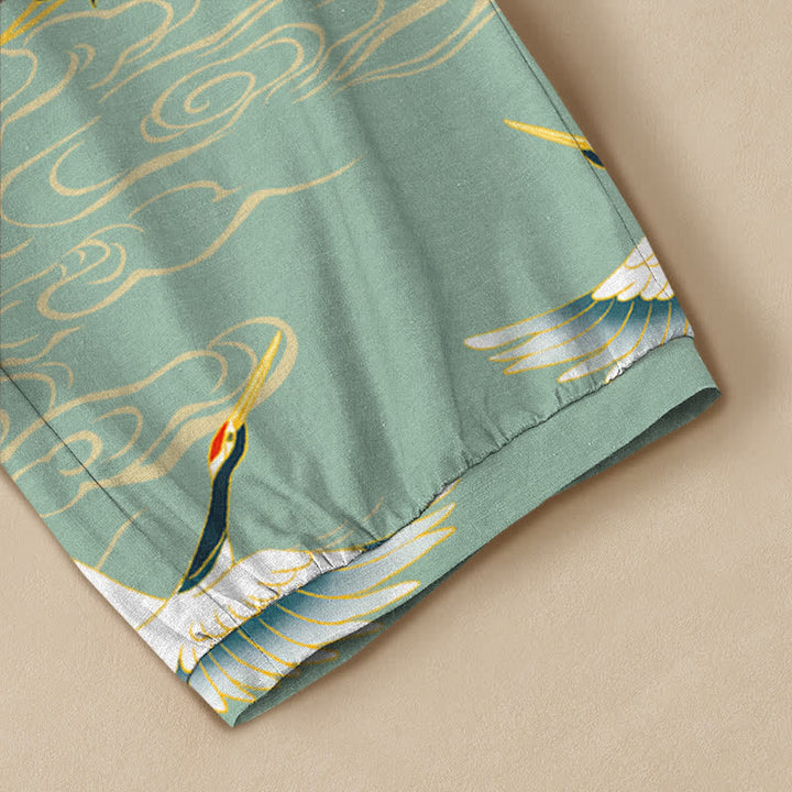 Buddha Stones Cotton Oriental Crane Cloud Pattern Pleated Elastic Waist Women's Harem Pants With Pockets - image 5