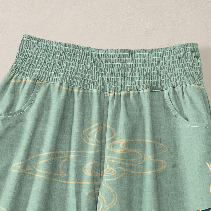 Buddha Stones Cotton Oriental Crane Cloud Pattern Pleated Elastic Waist Women's Harem Pants With Pockets - image 4