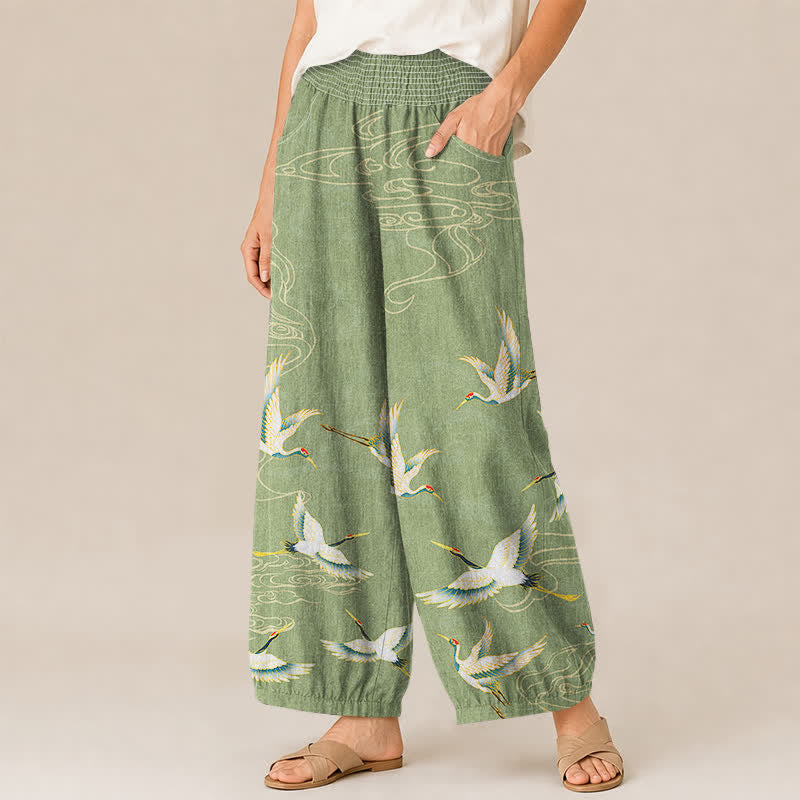 Buddha Stones Cotton Oriental Crane Cloud Pattern Pleated Elastic Waist Women's Harem Pants With Pockets - image 7