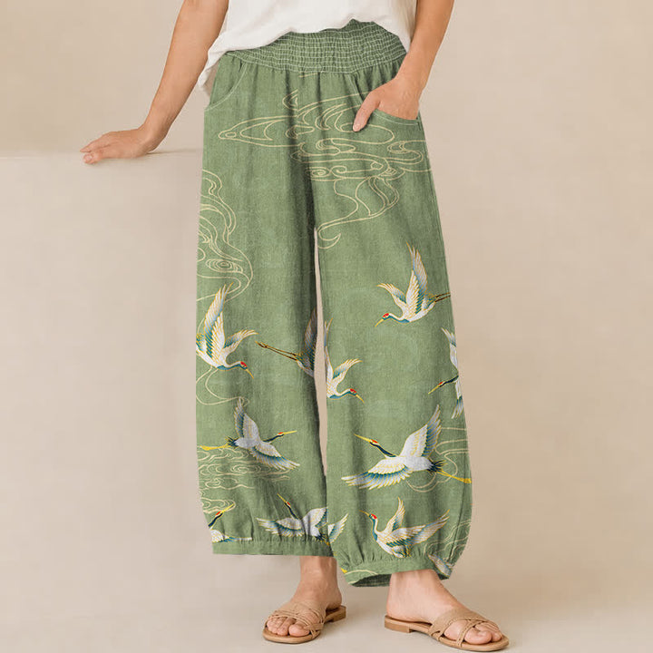 Buddha Stones Cotton Oriental Crane Cloud Pattern Pleated Elastic Waist Women's Harem Pants With Pockets - PaleGreen - US16，UK/AU20，EU48 (3XL) - image 6