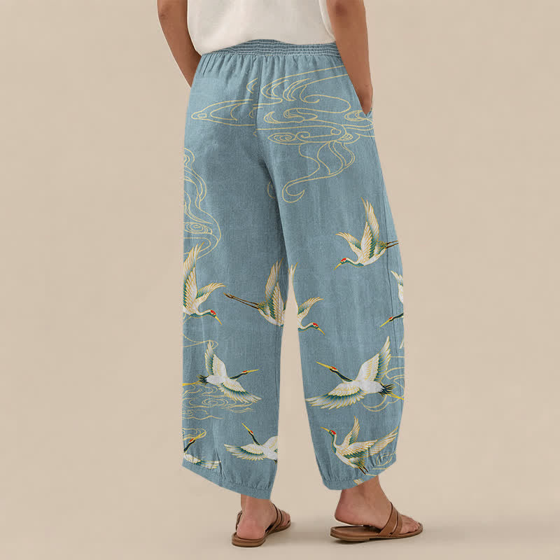 Buddha Stones Cotton Oriental Crane Cloud Pattern Pleated Elastic Waist Women's Harem Pants With Pockets - image 12