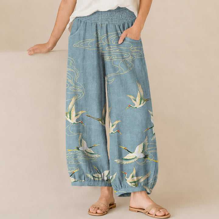 Buddha Stones Cotton Oriental Crane Cloud Pattern Pleated Elastic Waist Women's Harem Pants With Pockets - LightBlue - US16，UK/AU20，EU48 (3XL) - image 10