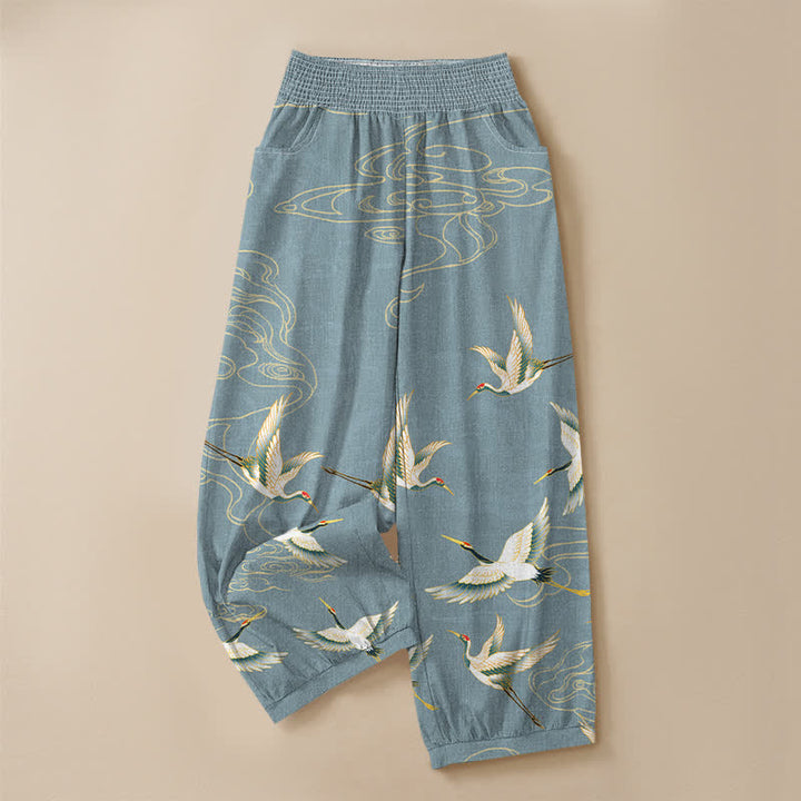 Buddha Stones Cotton Oriental Crane Cloud Pattern Pleated Elastic Waist Women's Harem Pants With Pockets - image 13