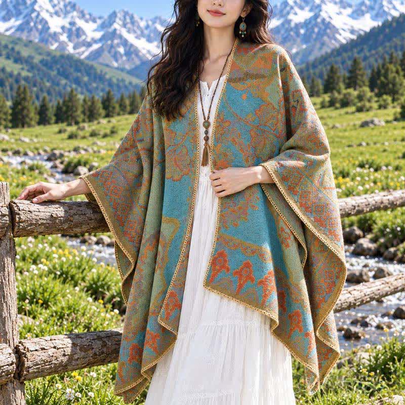 Buddha Stones Fall Winter Vintage Garden Floral Geometric Border Women's Shawl - CadetBlue - 130*150cm - image 2