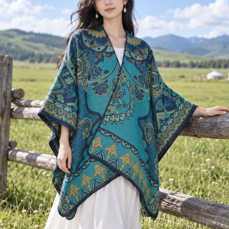 Buddha Stones Fall Winter Vintage Garden Floral Geometric Border Women's Shawl - Teal - 130*150cm - image 6