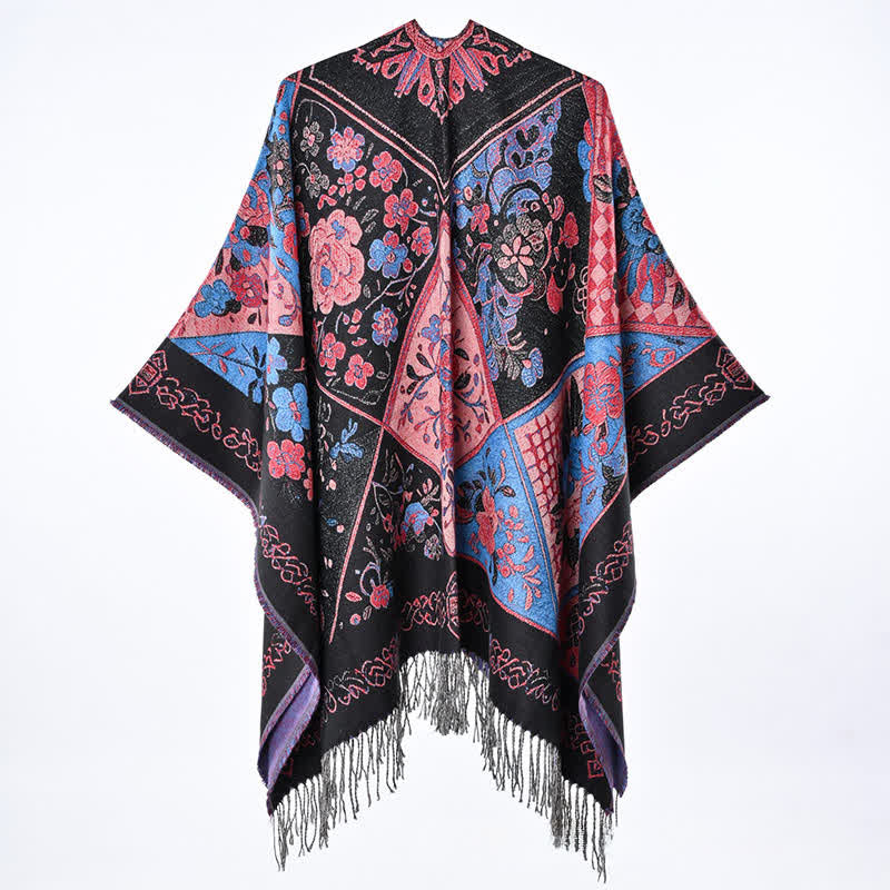 Buddha Stones Fall Winter Boho Floral Patchwork Tassel Women's Shawl - image 2