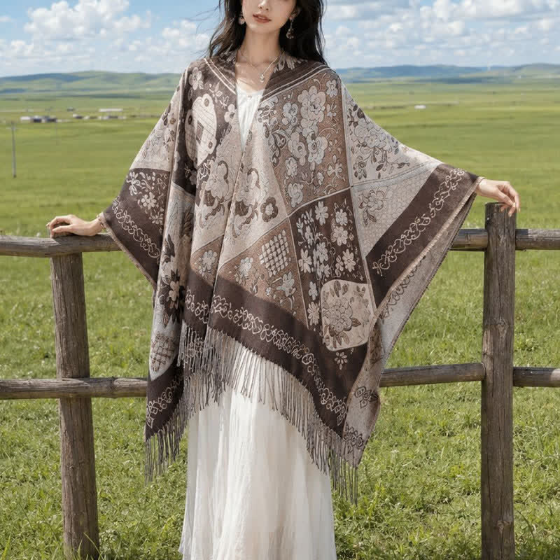 Buddha Stones Fall Winter Boho Floral Patchwork Tassel Women's Shawl - Tan - 140x160cm - image 6