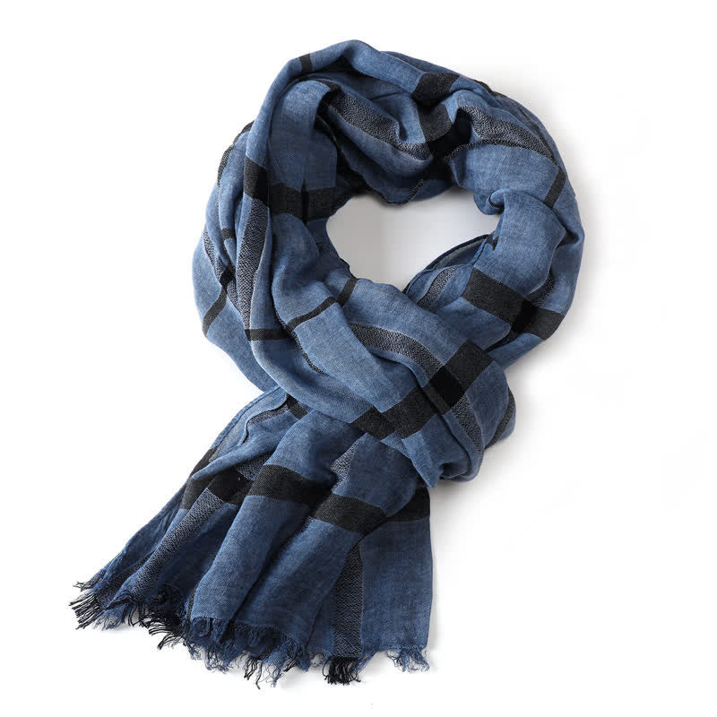 Buddha Stones Spring Fall Urban Plaid Lightweight Fringe Men's Scarf - SteelBlue - image 9