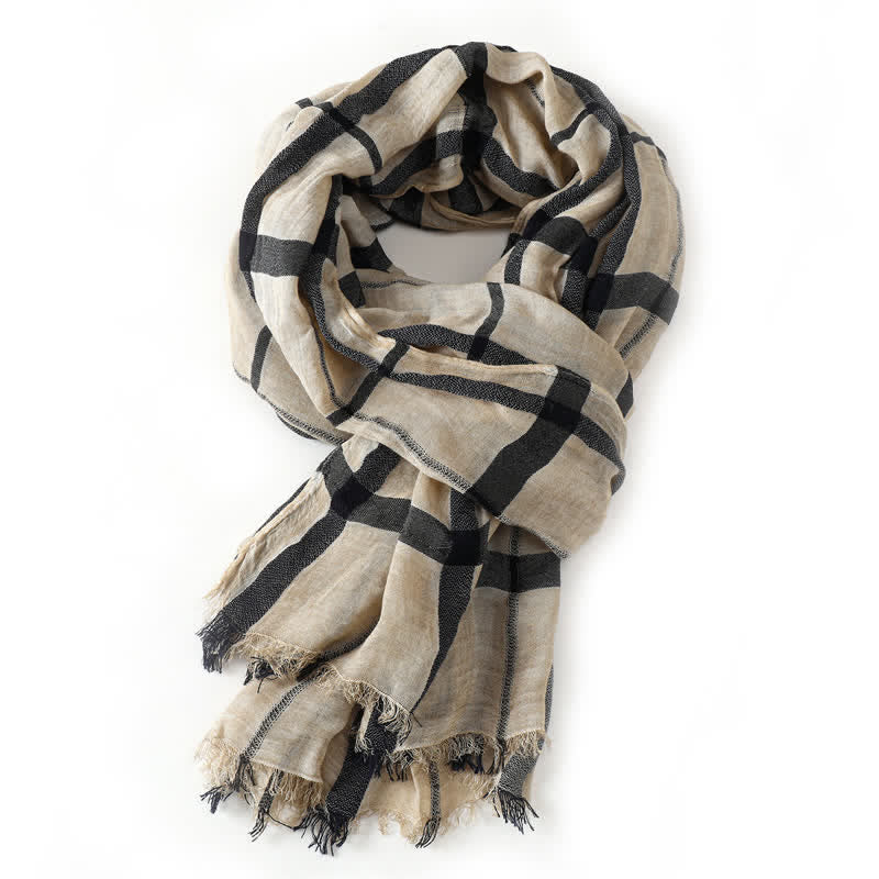Buddha Stones Spring Fall Urban Plaid Lightweight Fringe Men's Scarf - Beige - image 7