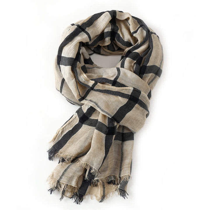 Buddha Stones Spring Fall Urban Plaid Lightweight Fringe Men's Scarf - Beige - image 7