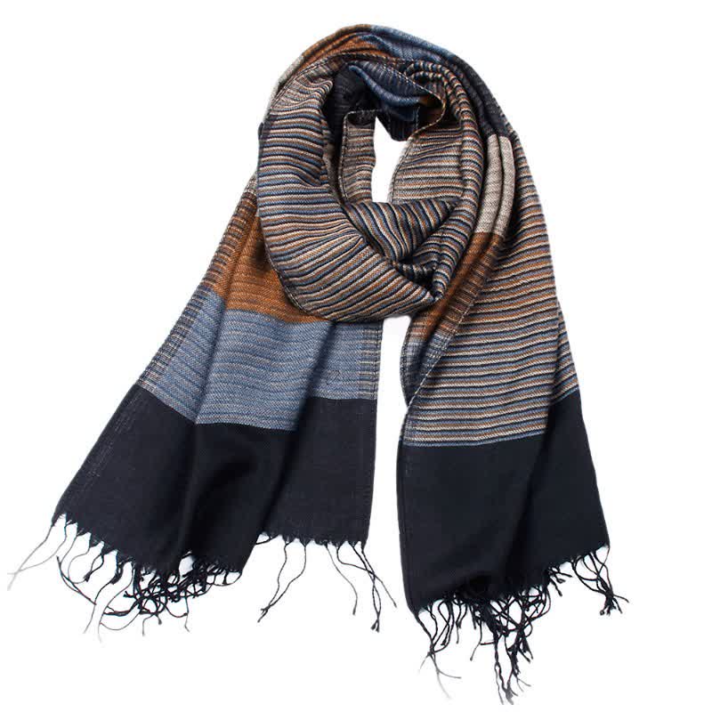 Buddha Stones Fall Winter Contrast Panel Casual Tassel Men's Scarf - Navy - image 0
