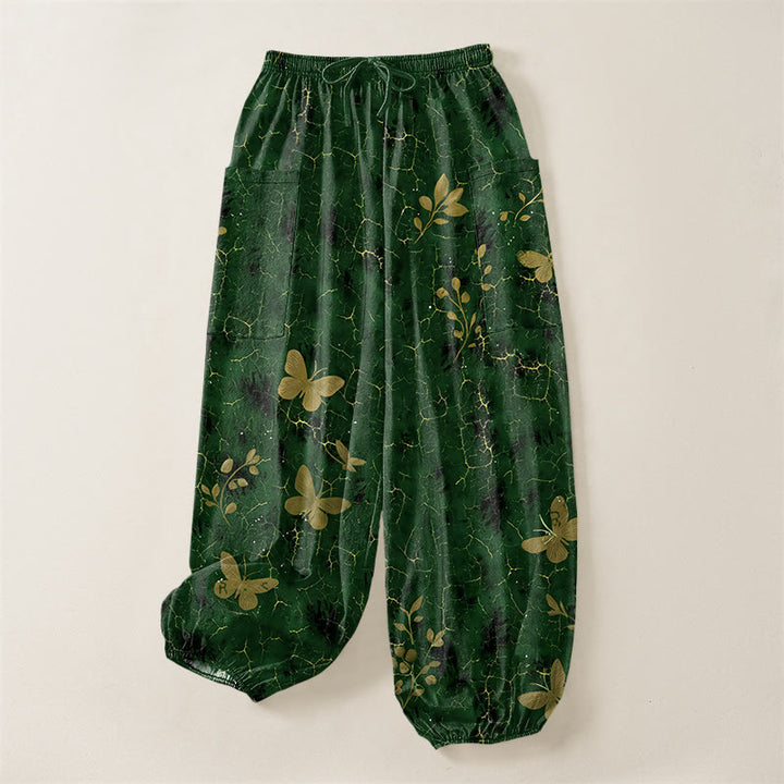 Buddha Stones Cotton Botanical Butterfly Crackle Pattern Women's Elastic Waist Harem Pants With Side Pockets - image 3