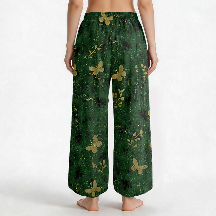 Buddha Stones Cotton Botanical Butterfly Crackle Pattern Women's Elastic Waist Harem Pants With Side Pockets - image 2