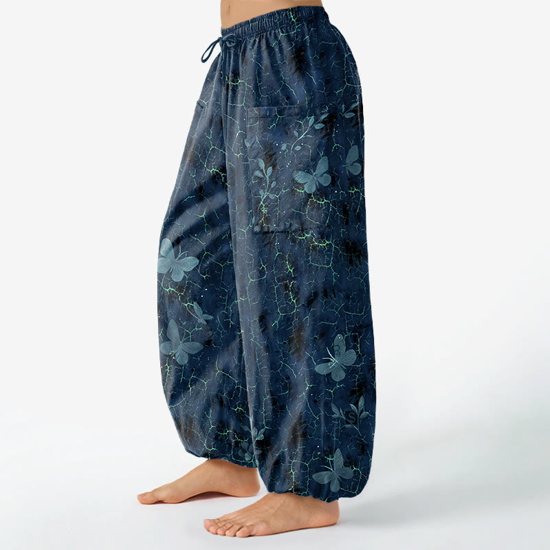 Buddha Stones Cotton Botanical Butterfly Crackle Pattern Women's Elastic Waist Harem Pants With Side Pockets - image 11